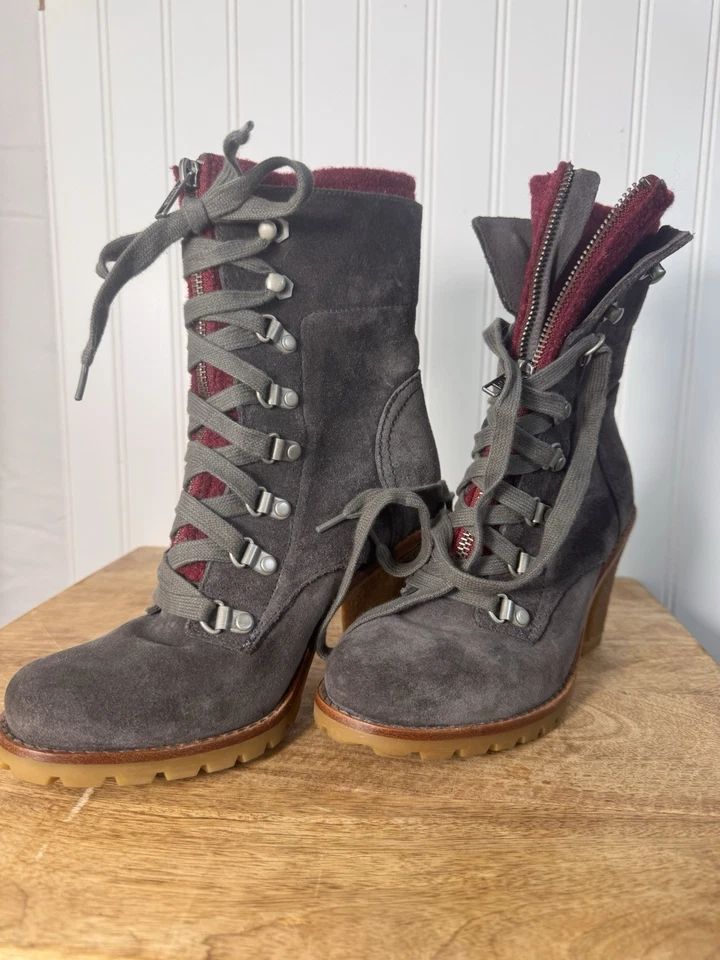 Botas de Combate UGG Fabrice Gris Gamuza Cuero Tacón Con Cordones Talla 5 Forradas Borgoña Foto 2 de 4