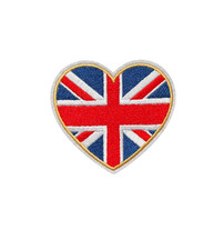 British Flag Gold Outline Union Jack Heart England London Patch, Iron On/Sew On