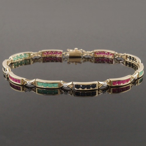 Solid 14K Gold Channel Set Ruby, Sapphire, Emerald, Diamond Bar Link 8" Bracelet