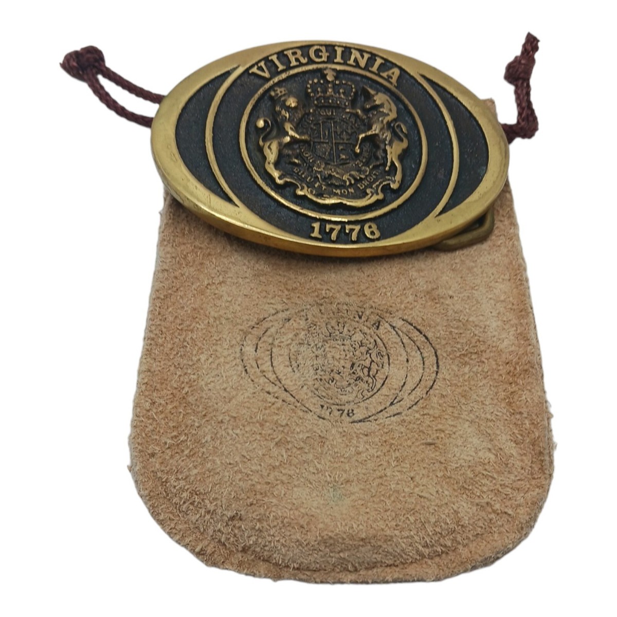Vintage The Virginia Statehood 1776 Belt Buckle With Pouch and Paperwork Solid Brass Virginia State Seal Constitution Founding 1776  main image 2