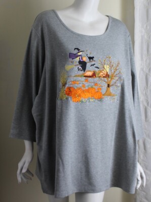 WOW NWT Quacker Factory Sz 3X Gray WITCH Studded Pumpkin Farm Scene Shirt Top