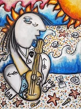 Beach Sunrise 8.5 x 11 Art Print Signed Artist KSams Cubism Abstract Guitar