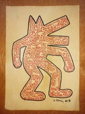 KEITH HARING (Handmade) Drawing on antique paper Signed and Sealed size 21x29.5