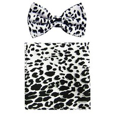 New men's pre-tied bowtie  hankie set leopard polyester wedding party white