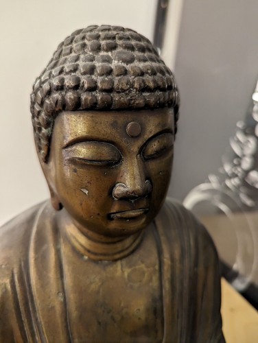 Antike chinesische oder japanische Buddha Bronze schwere Statue H33 cm x L26 cm - Bild 3 von 18