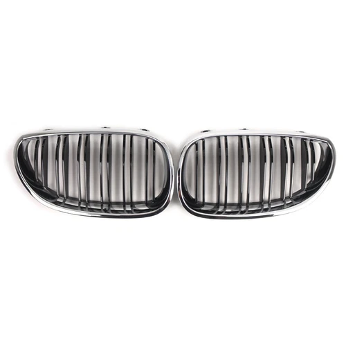 For BMW E60 E61 2003-2010 2Pcs ABS Chrome+Black Dual Slat Front Bumper Grilles - Picture 2 of 9