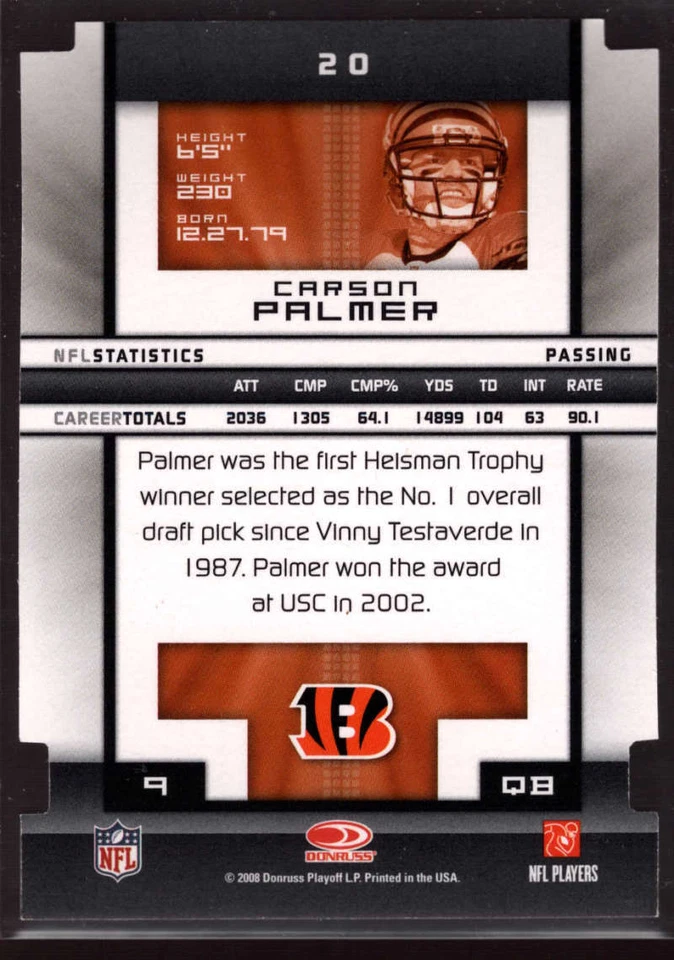 Carson Palmer 2008 Donruss Elite Status Die Cut /24 SP #20 Mint - Near Mint Q3 - Image 2 of 2