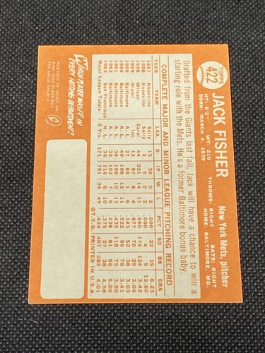 Jack Fisher Mets Signed Auto Autographed 1964 Topps Card #422 ~ COA - Picture 5 of 6