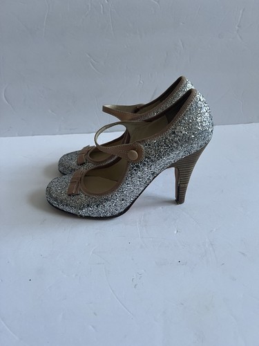 Miu Miu Women Silver Glitter Sparkle Mary Jane With Bows Shoes SZ 6.5 - Picture 4 of 8
