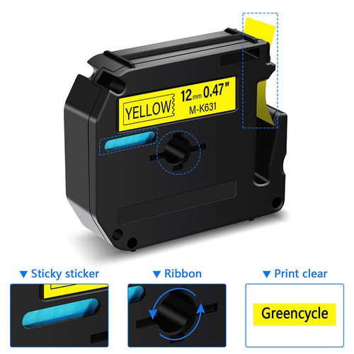 6× Black On Yellow Label Maker Tape Fits For Brother M631 MK631 M-K631 1/2" 12mm - Picture 5 of 12