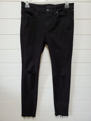 mens Uniqlo jeans distressed dark black wash skinny tapered ultra