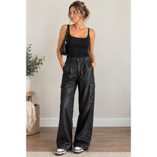 HIGHWAY Black Faux Leather Cargo Pants Wide Leg High Rise Vegan Y2K Size 9