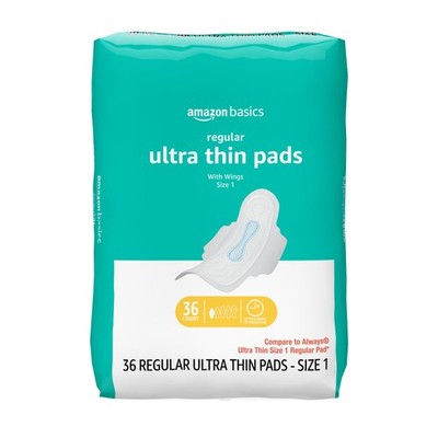 Amazon Basics Regular Absorbency Feminine Pads for Women, Ultra Thin Size 1