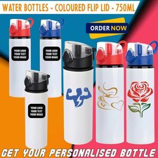 Personalised Custom Water Bottle Coloured Flip Lid 750ML Gym School Travel Gift