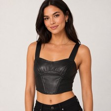 Y2K Streetwear Edgy Goth Grunge Black Faux Leather Corset Crop Top Concert NEW