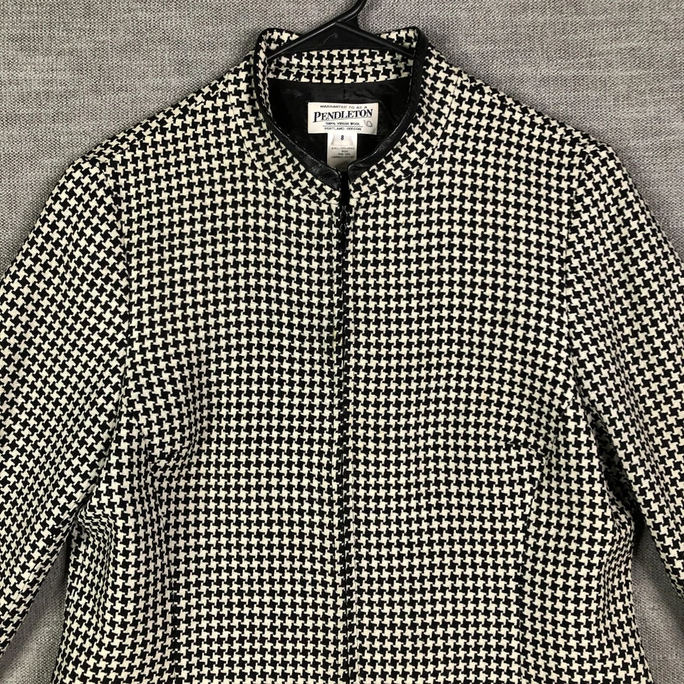 Pendleton Jacket Womens 8 Black White Houndstooth Wool Leather Trim USA Made - Image 3 of 4