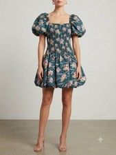 LoveShack Fancy Blue Floral Smocked Puff Sleeve Square Neck Mini Dress Size XS.