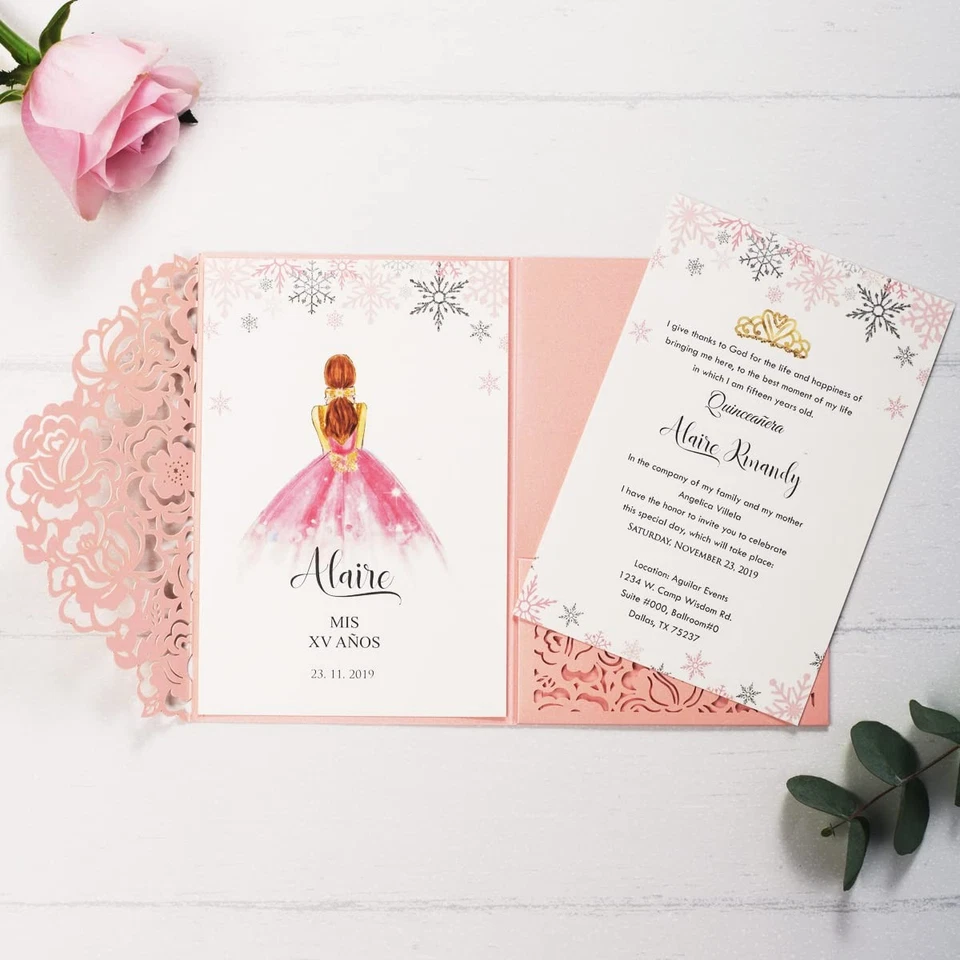 Tarjetas de invitación de quinceañera rosa en blanco 50 piezas con sobres láser de 5x7,3 pulgadas... Foto 4 de 4