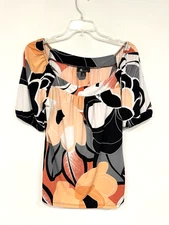 AB Studio Women's Blouse Size XL Abstract Stretch Jersey Elastic Square Neck Top