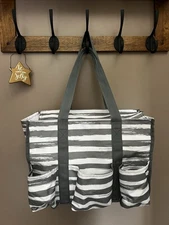Thirty One ZIP TOP Organizing Utility Tote Bag 31 Gift Grey Brush Strokes