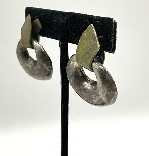 DD25 Vintage Mexican Modernist 925 Sterling Silver & Brass Dangle Earrings - Picture 4 of 7