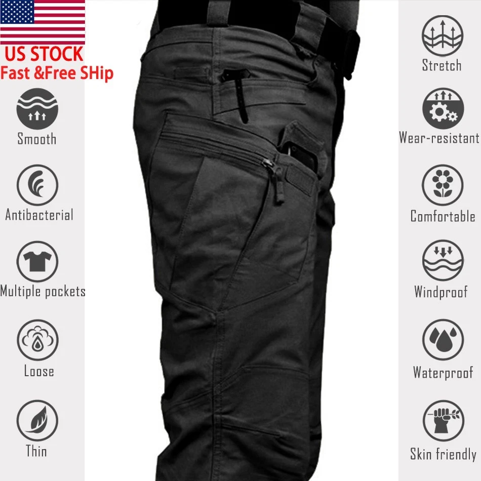 Cargo Pants Mens Tactical Combat Work Outdoor Hiking Pockets Cargo Pants Black