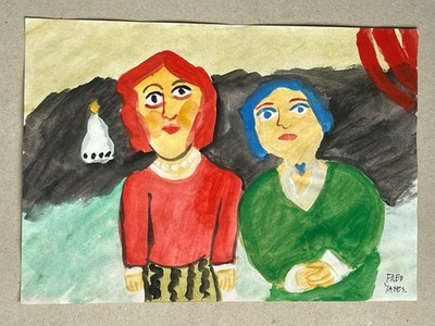 Fred Yates drawing and painting on old paper signed stamped vintage