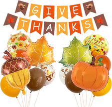 15 Pcs Thanksgiving Decorations Pumpkin Balloons Set with GIVE THANKS Banner Fal