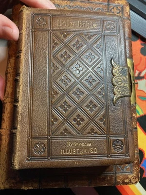 Holy Bible, References, Illustrated, Tooled Leather Fine Binding, Clasp, 1865 - Image 1 of 4