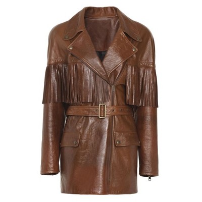 Women s Lambskin Leather Fringe Jacket Belted Brown Western Style Boho Coat