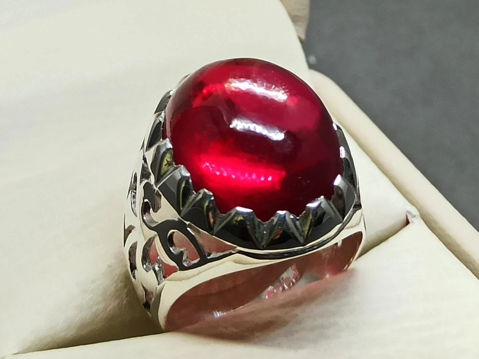 Cabochon Deep Red Ruby Men’s Ring 925 Sterling Silver Handmade Yakoot Rubin - Image 4 of 4