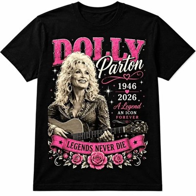 Dolly Parton Legends Never Die Unisex Cotton T-Shirt, Black, S-5XL