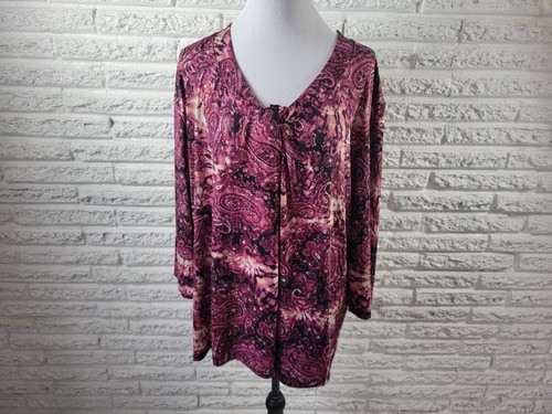 Studio Salon Womens Top 3X Plus 3/4 Sleeve Purple Paisley Poly Blend Career