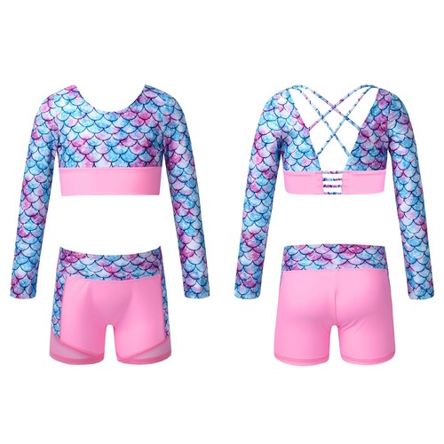 Kids Girls Gymnastics Dance Fitness Outfits Crop Top+Shorts Set Dancewear Suit - Picture 12 of 16