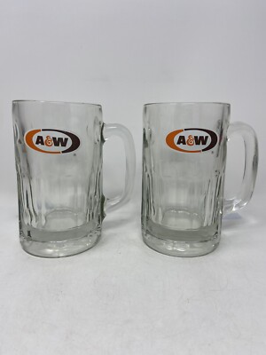 Vintage A&W Root Beer Heavy Glass Mugs 6'' Tall 3 1/4  Wide (Set Of 2)