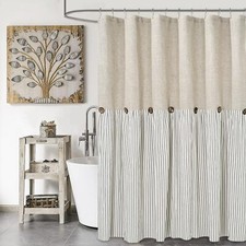 Shower Curtain,Beige and Gray Stripe,Button Curtain,Linen and Cotton Woven