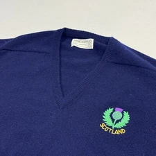 Lochcarron Vintage Lambswool V-Neck Sweater Made In Scotland Blue Men's XL