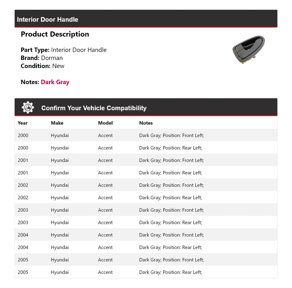 Manija de puerta interior para Hyundai Accent Dorman 2000-2005 2001 2002 2003 2004 Foto 2 de 4