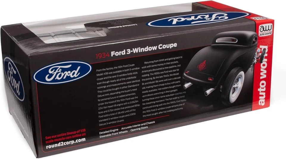 FORD AUTO WORLD 1934 CUPÉ 3 VENTANAS HIGH BOY HOT ROD ESCALA 1:18 FUNDIDO A PRESIÓN 2024 Foto 2 de 4