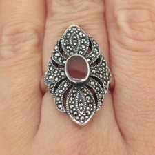 925 Sterling Silver Vintage Real Carnelian  Marcasite Gem Statement Ring Size 7