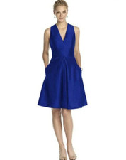Alfred Sung Women's 2 Royal Blue Satin Sleeveless V-Neck Fit & Flare Mini Dress