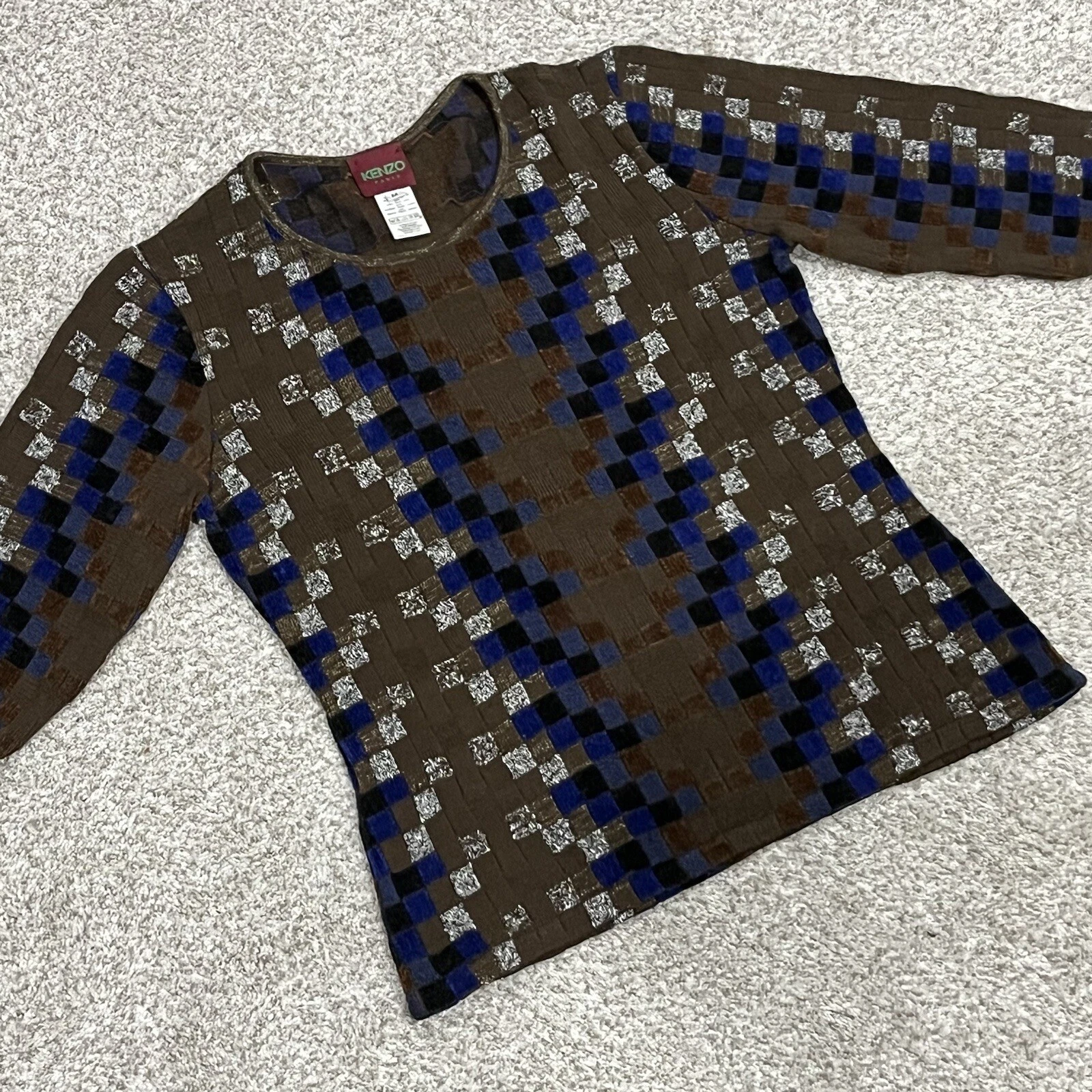Maglione Kenzo Medio Marrone Francia Blu a Scacchi Leggera Maglia VINTAGE ANNI 80 Miscela Lana