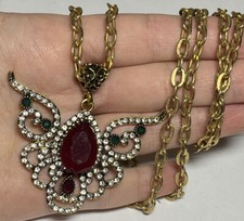 Victorian Revival Red Green Clear Rhinestone Necklace Chunky Chain RR1505