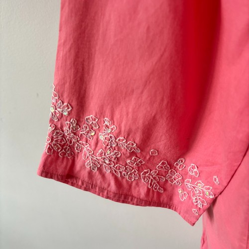 East Pink White Floral Embroidered Cotton Kaftan Dress Sequins Side Slits Size L - Picture 11 of 12