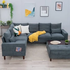 Panana 6 Seater L-Shaped Linen Fabric Sectional Sofa Couch Corner Sofa Seat