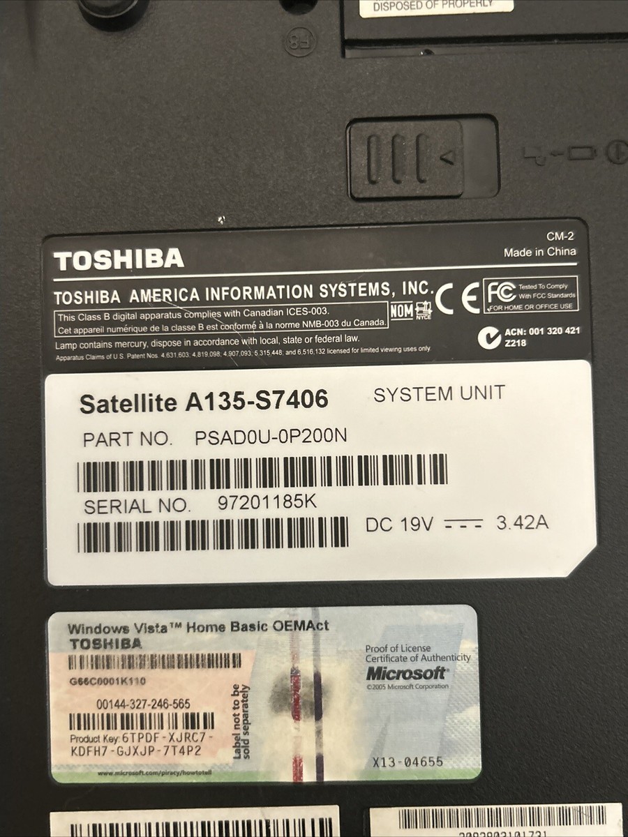 TOSHIBA SATELLITE A135-S7406 Notebook Computer 15.4