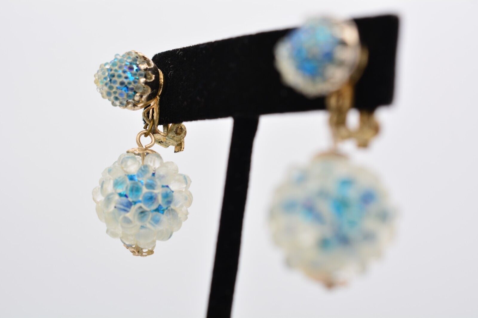 Vintage Japan Clip Earrings Blue Glitter Beaded B… - image 3