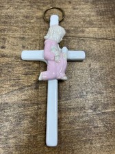 First Communion Cross With Girl Pink Dress Praying White Porcelain Wall Hanging
