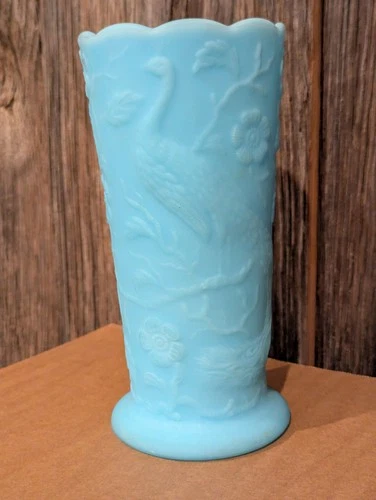 Vintage Classic Fenton Art Glass 8" Satin Blue Peacock Garden Vase SEE IMAGES