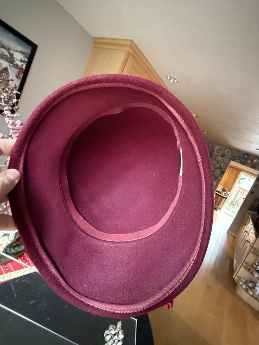 Vintage Lazarus Paris Burgundy Felt Cloche Hat Ribbon Elegant View 5